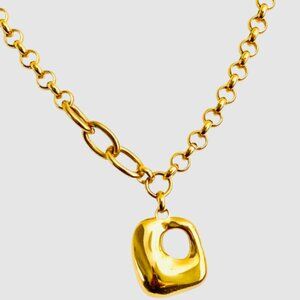 NEW - gold necklace, semi thick chain, ORGANIC ABSTRACT SHAPE oendant charm